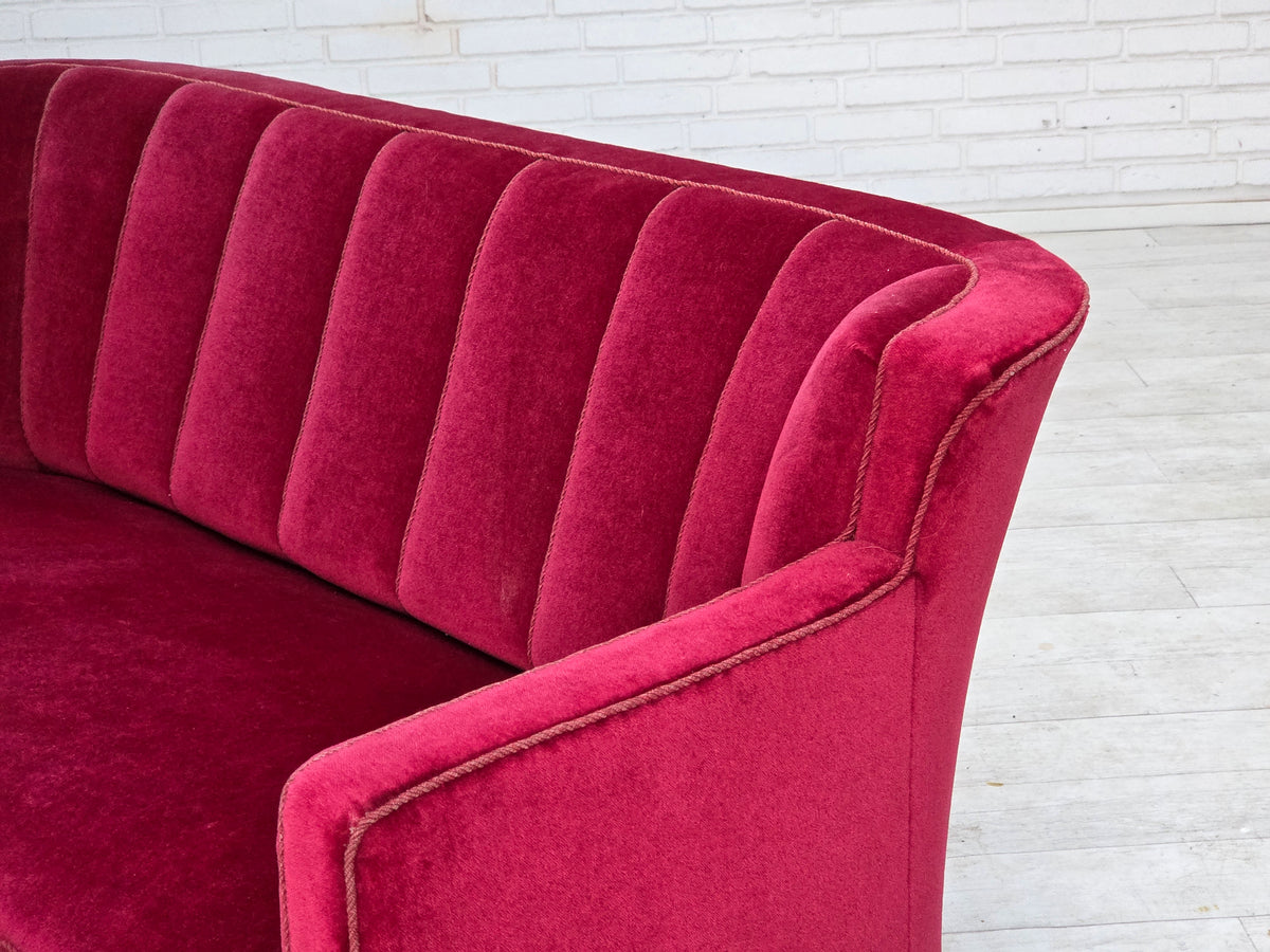 1960s, Danish 2-seater sofa, red furniture velour, ash wood legs.