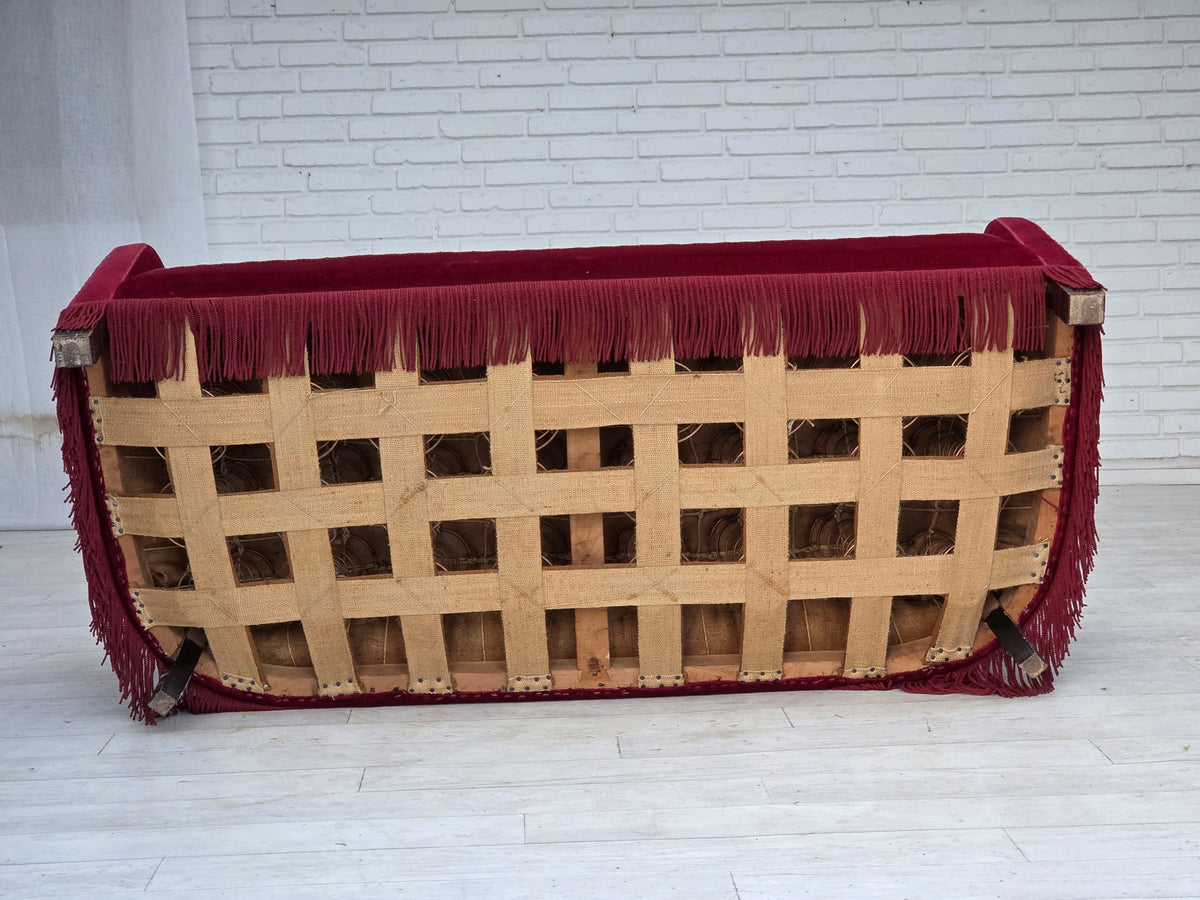 1960s, Danish 2-seater sofa, red furniture velour, ash wood legs.