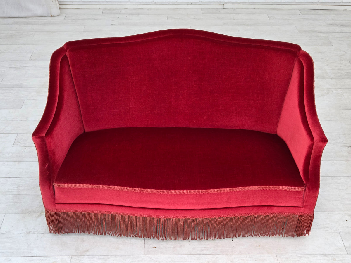 1970s, Danish 2-seater sofa, red furniture velour, ash wood legs.
