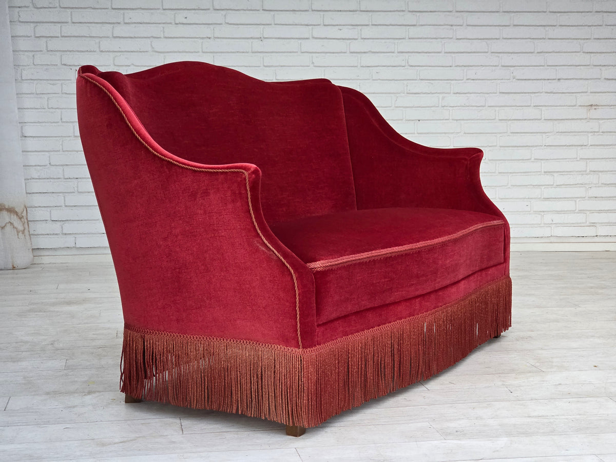 1970s, Danish 2-seater sofa, red furniture velour, ash wood legs.
