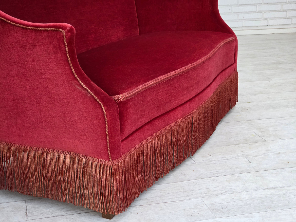 1970s, Danish 2-seater sofa, red furniture velour, ash wood legs.