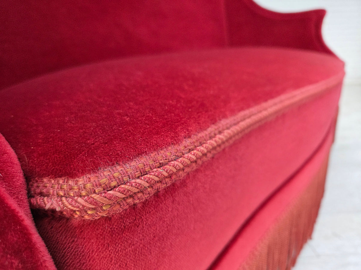 1970s, Danish 2-seater sofa, red furniture velour, ash wood legs.