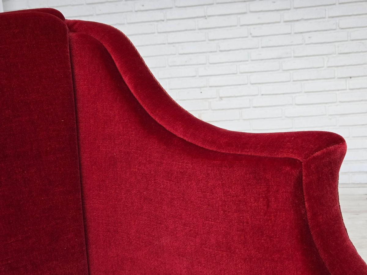 1970s, Danish 2-seater sofa, red furniture velour, ash wood legs.
