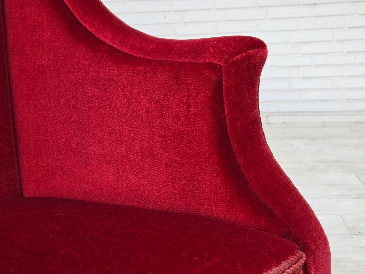 1970s, Danish 2-seater sofa, red furniture velour, ash wood legs.