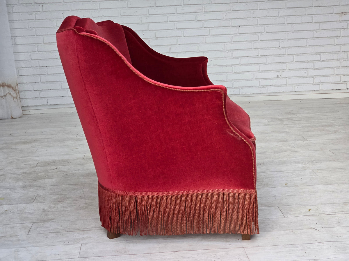 1970s, Danish 2-seater sofa, red furniture velour, ash wood legs.