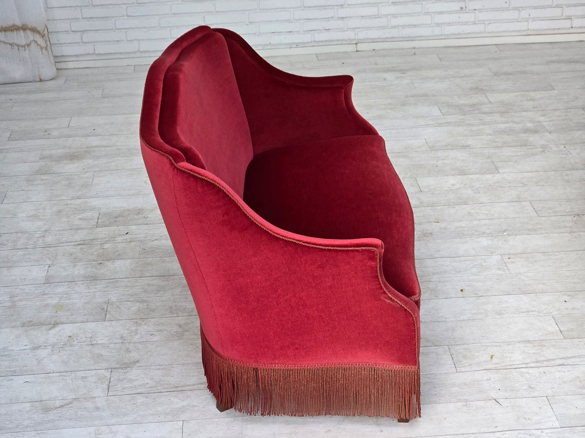 1970s, Danish 2-seater sofa, red furniture velour, ash wood legs.