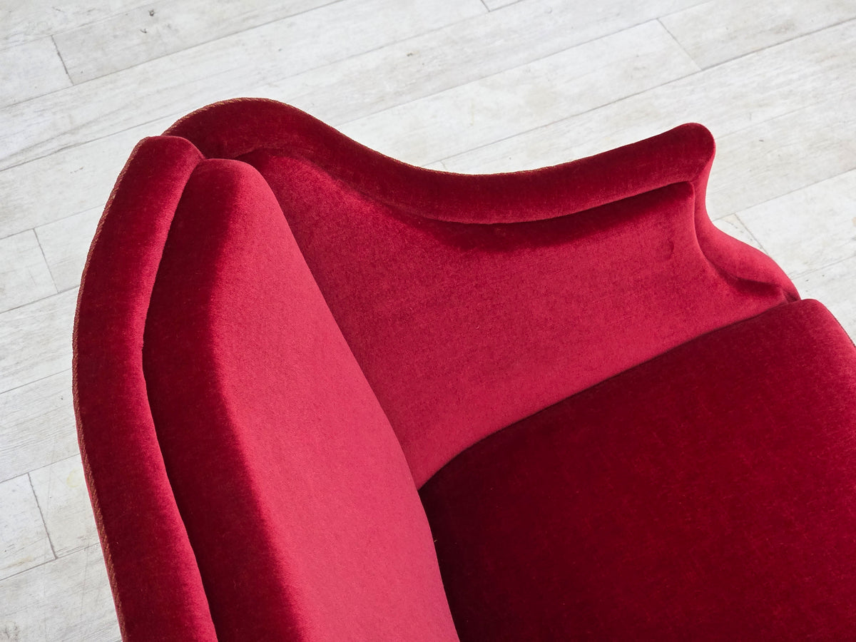 1970s, Danish 2-seater sofa, red furniture velour, ash wood legs.