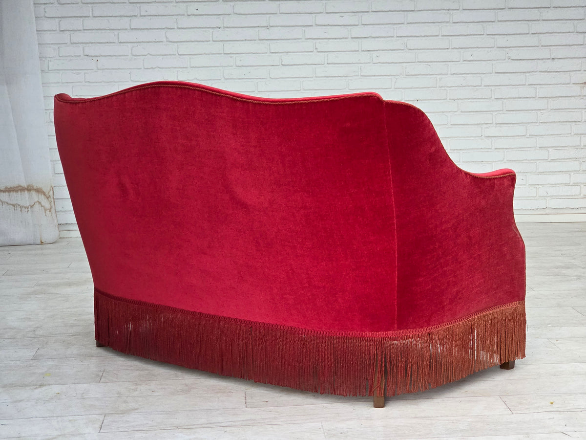 1970s, Danish 2-seater sofa, red furniture velour, ash wood legs.