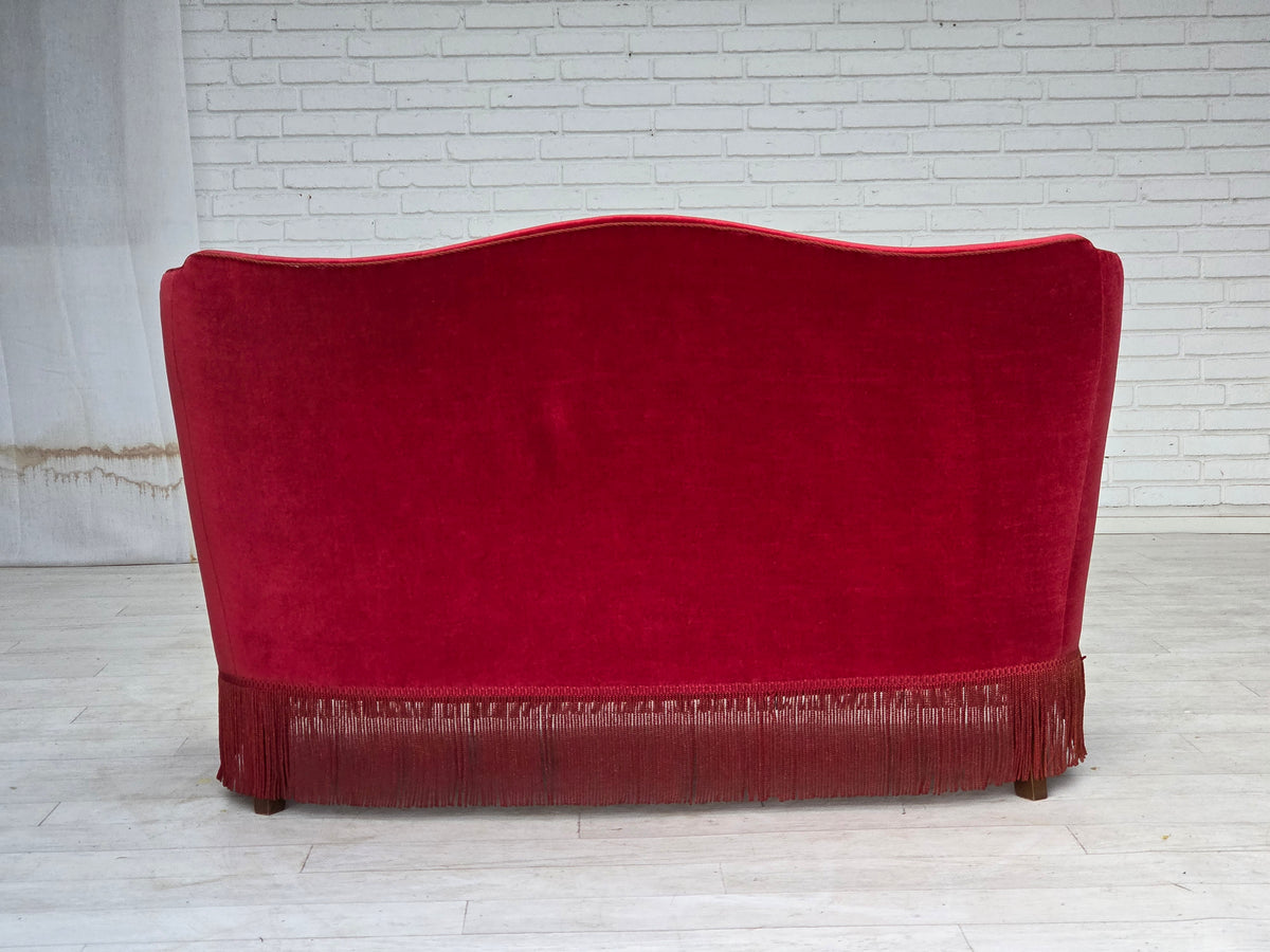 1970s, Danish 2-seater sofa, red furniture velour, ash wood legs.