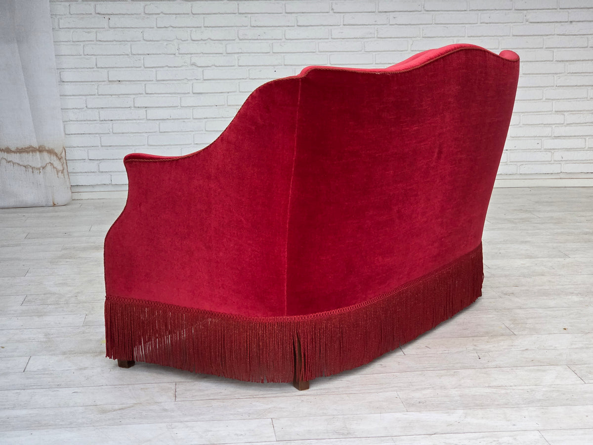 1970s, Danish 2-seater sofa, red furniture velour, ash wood legs.