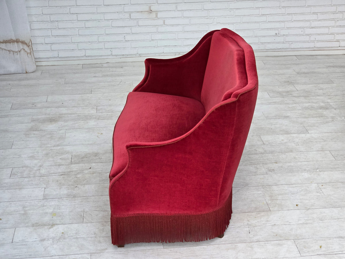 1970s, Danish 2-seater sofa, red furniture velour, ash wood legs.