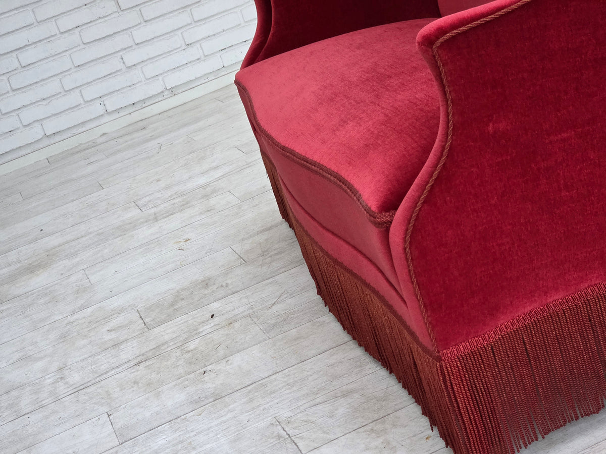 1970s, Danish 2-seater sofa, red furniture velour, ash wood legs.