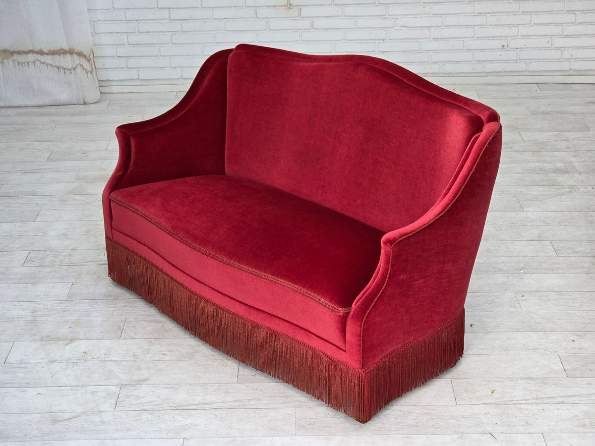 1970s, Danish 2-seater sofa, red furniture velour, ash wood legs.