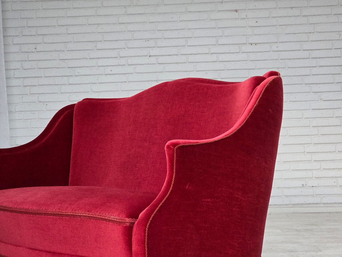 1970s, Danish 2-seater sofa, red furniture velour, ash wood legs.