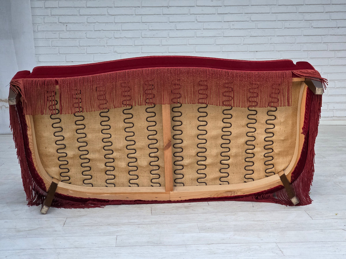 1970s, Danish 2-seater sofa, red furniture velour, ash wood legs.