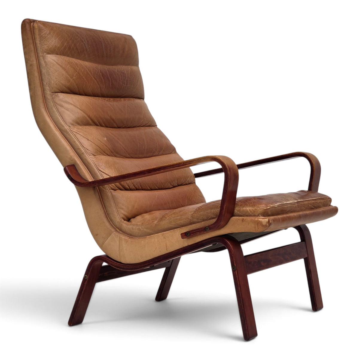 1970s, Scandinavian highback armchair, furniture leather, bent wood.