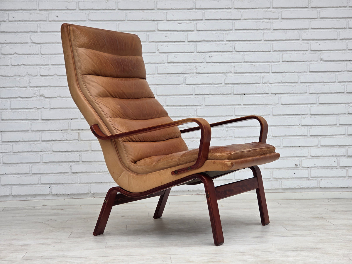1970s, Scandinavian highback armchair, furniture leather, bent wood.