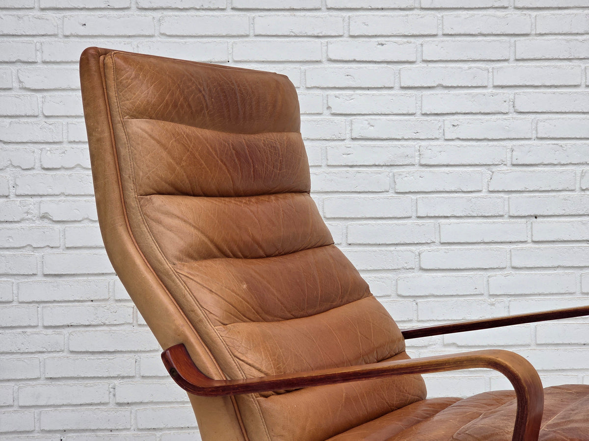 1970s, Scandinavian highback armchair, furniture leather, bent wood.