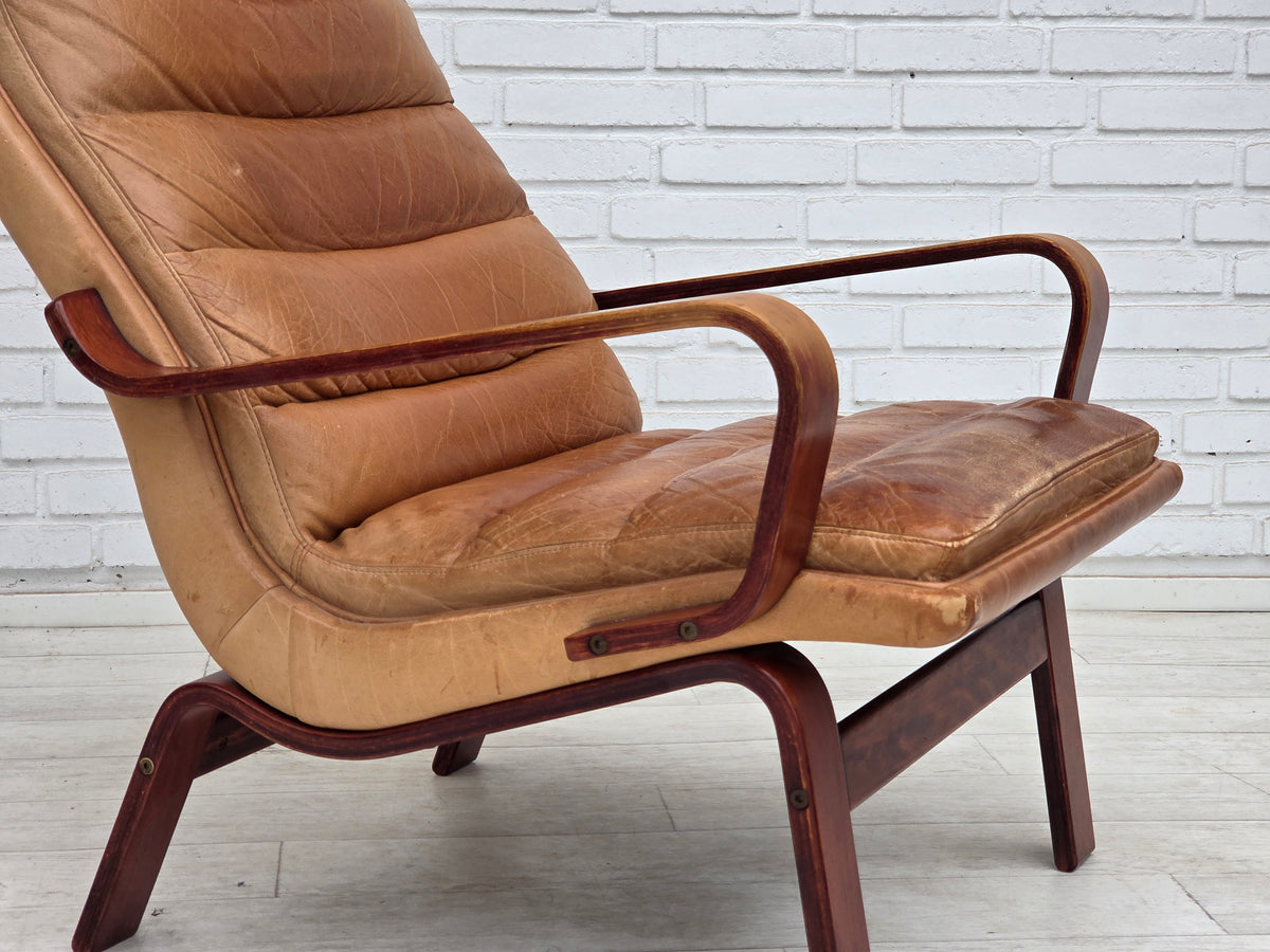 1970s, Scandinavian highback armchair, furniture leather, bent wood.