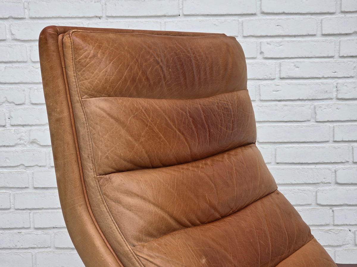 1970s, Scandinavian highback armchair, furniture leather, bent wood.