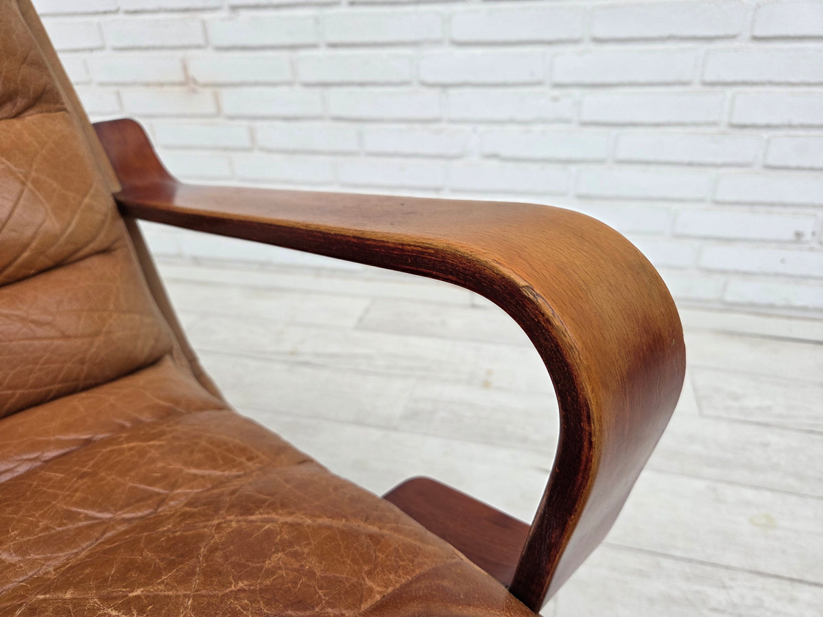 1970s, Scandinavian highback armchair, furniture leather, bent wood.