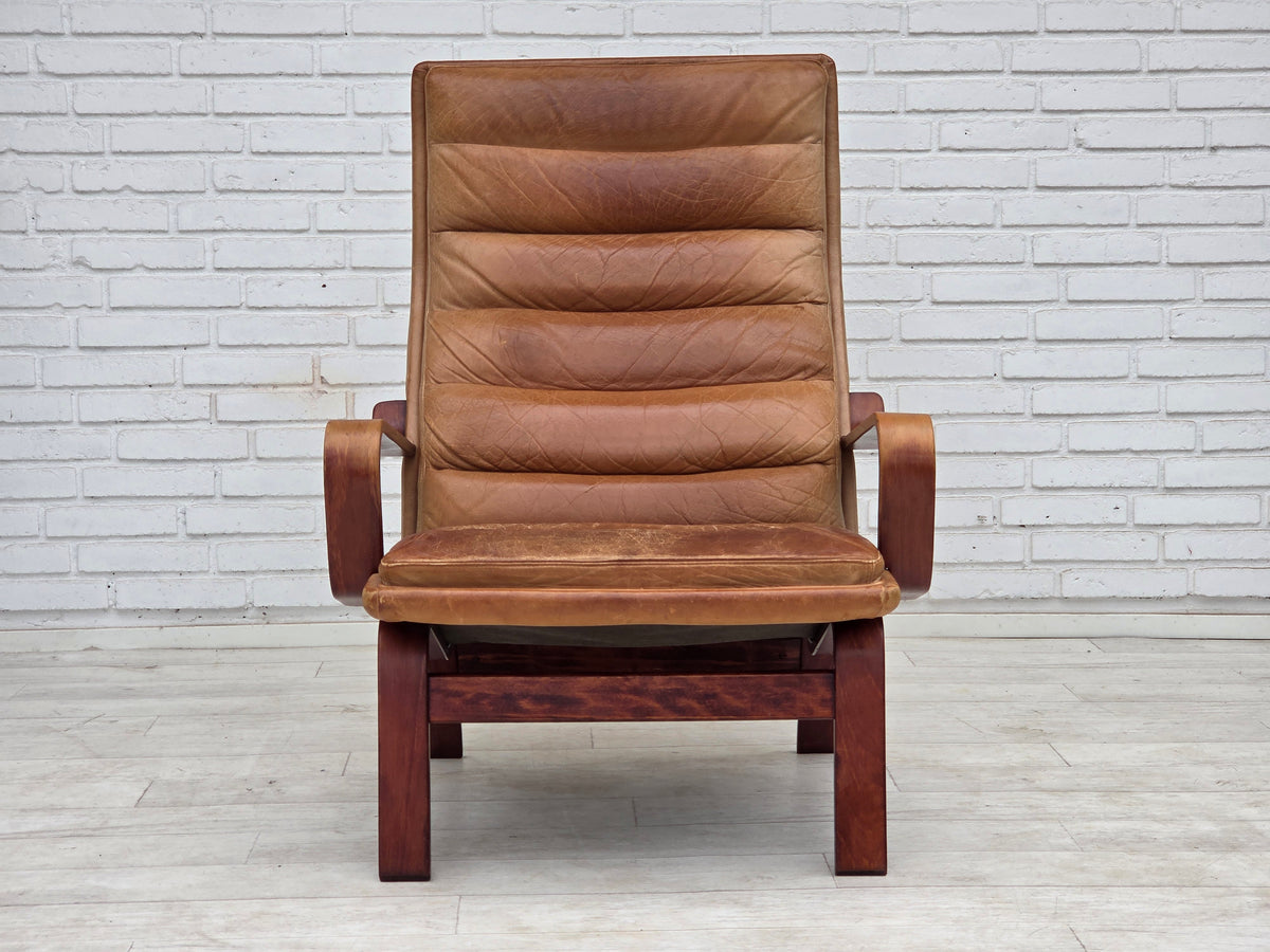 1970s, Scandinavian highback armchair, furniture leather, bent wood.