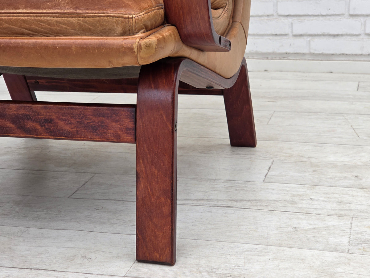 1970s, Scandinavian highback armchair, furniture leather, bent wood.
