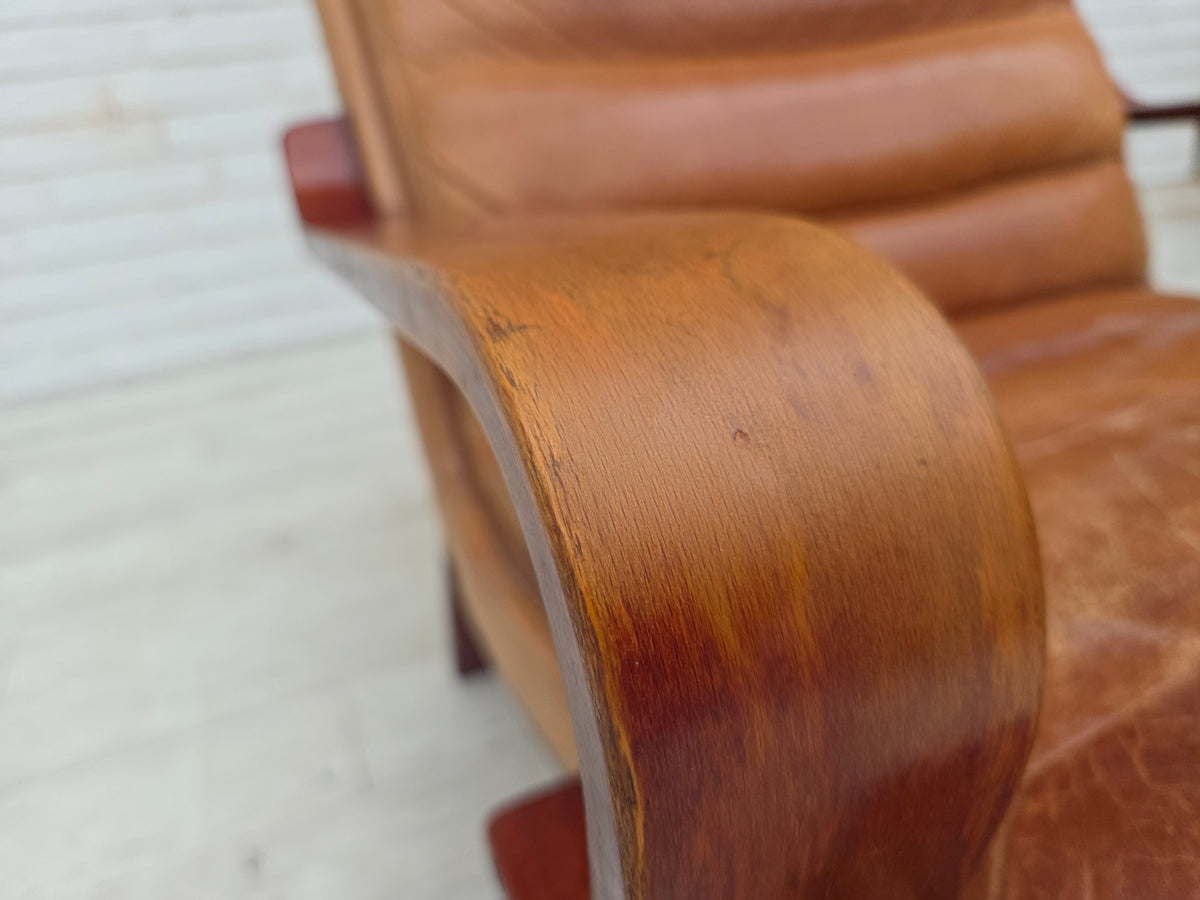 1970s, Scandinavian highback armchair, furniture leather, bent wood.