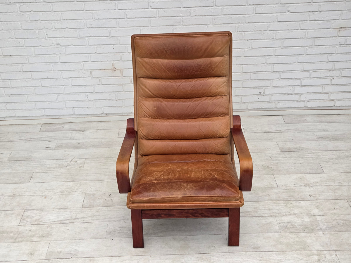 1970s, Scandinavian highback armchair, furniture leather, bent wood.