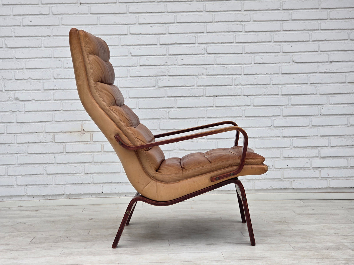 1970s, Scandinavian highback armchair, furniture leather, bent wood.