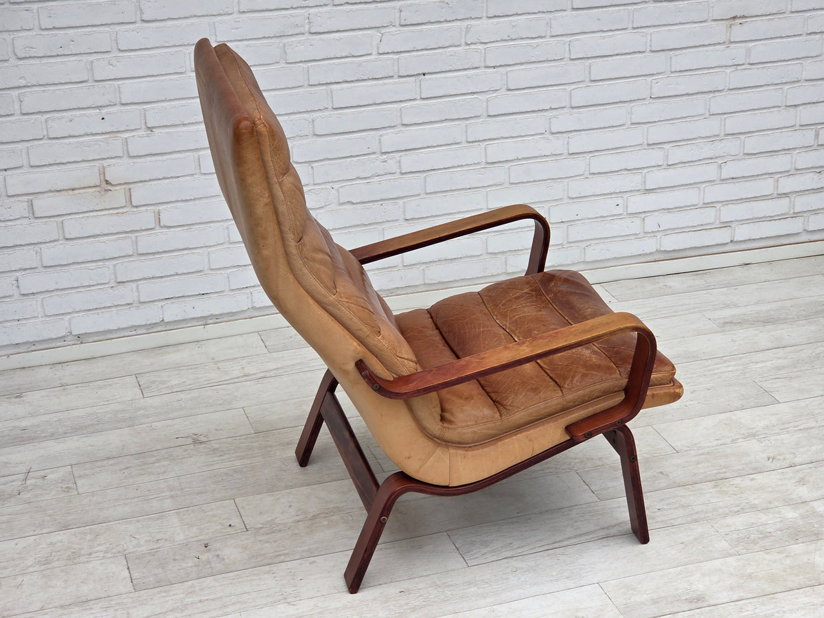 1970s, Scandinavian highback armchair, furniture leather, bent wood.