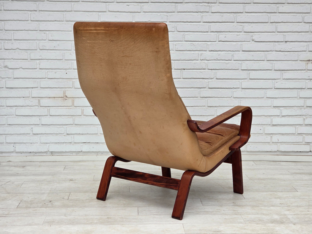 1970s, Scandinavian highback armchair, furniture leather, bent wood.