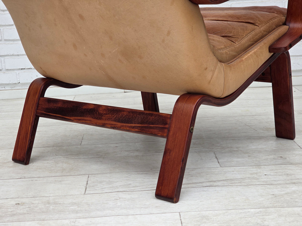 1970s, Scandinavian highback armchair, furniture leather, bent wood.