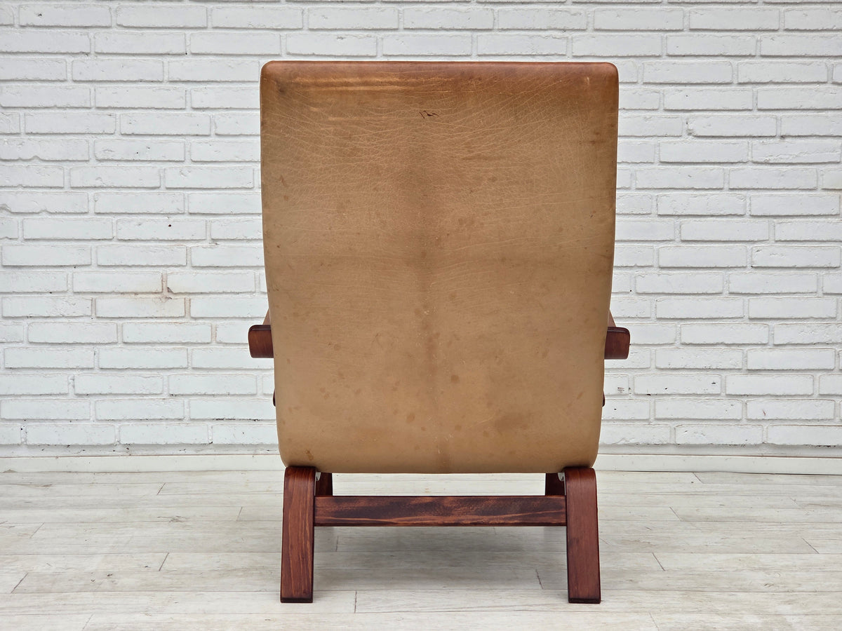 1970s, Scandinavian highback armchair, furniture leather, bent wood.