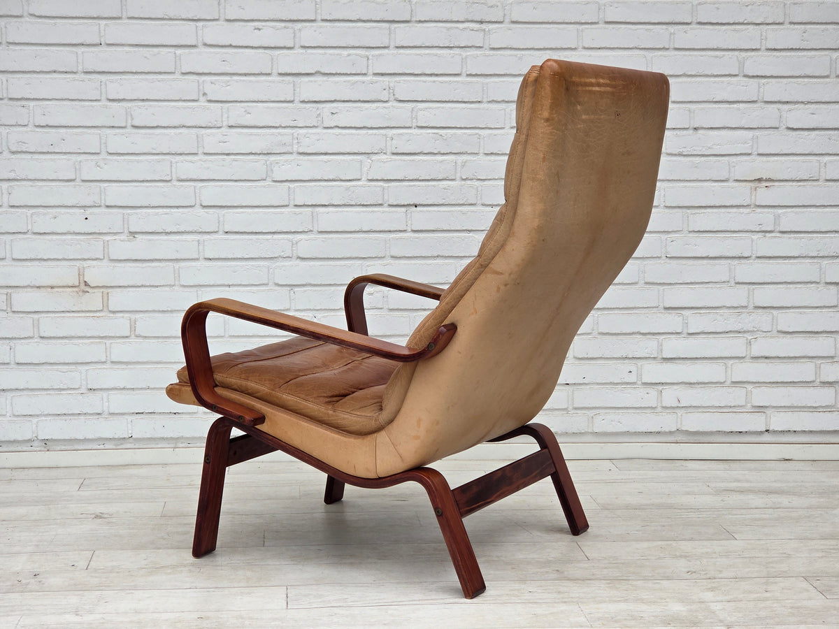 1970s, Scandinavian highback armchair, furniture leather, bent wood.