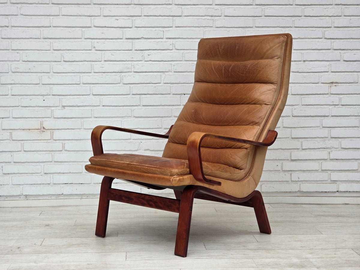 1970s, Scandinavian highback armchair, furniture leather, bent wood.