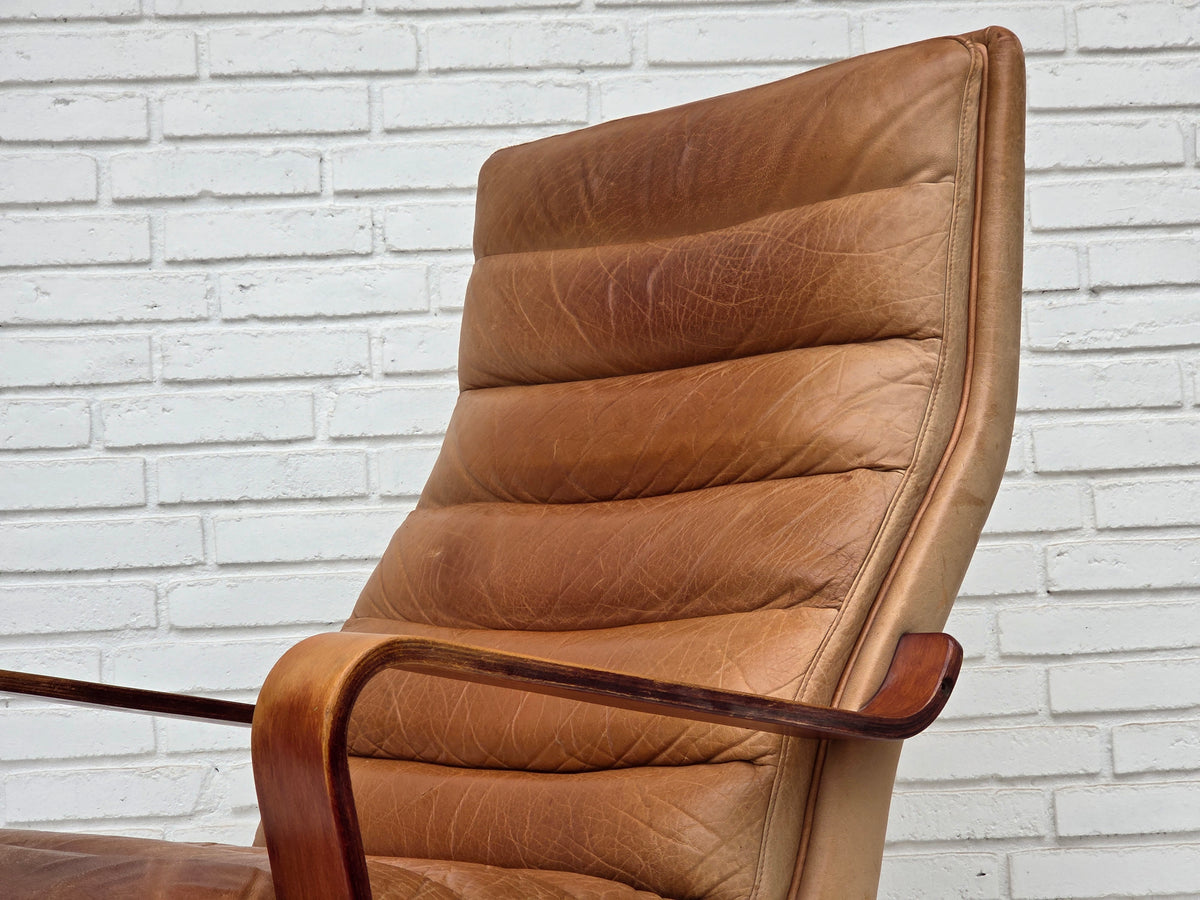 1970s, Scandinavian highback armchair, furniture leather, bent wood.