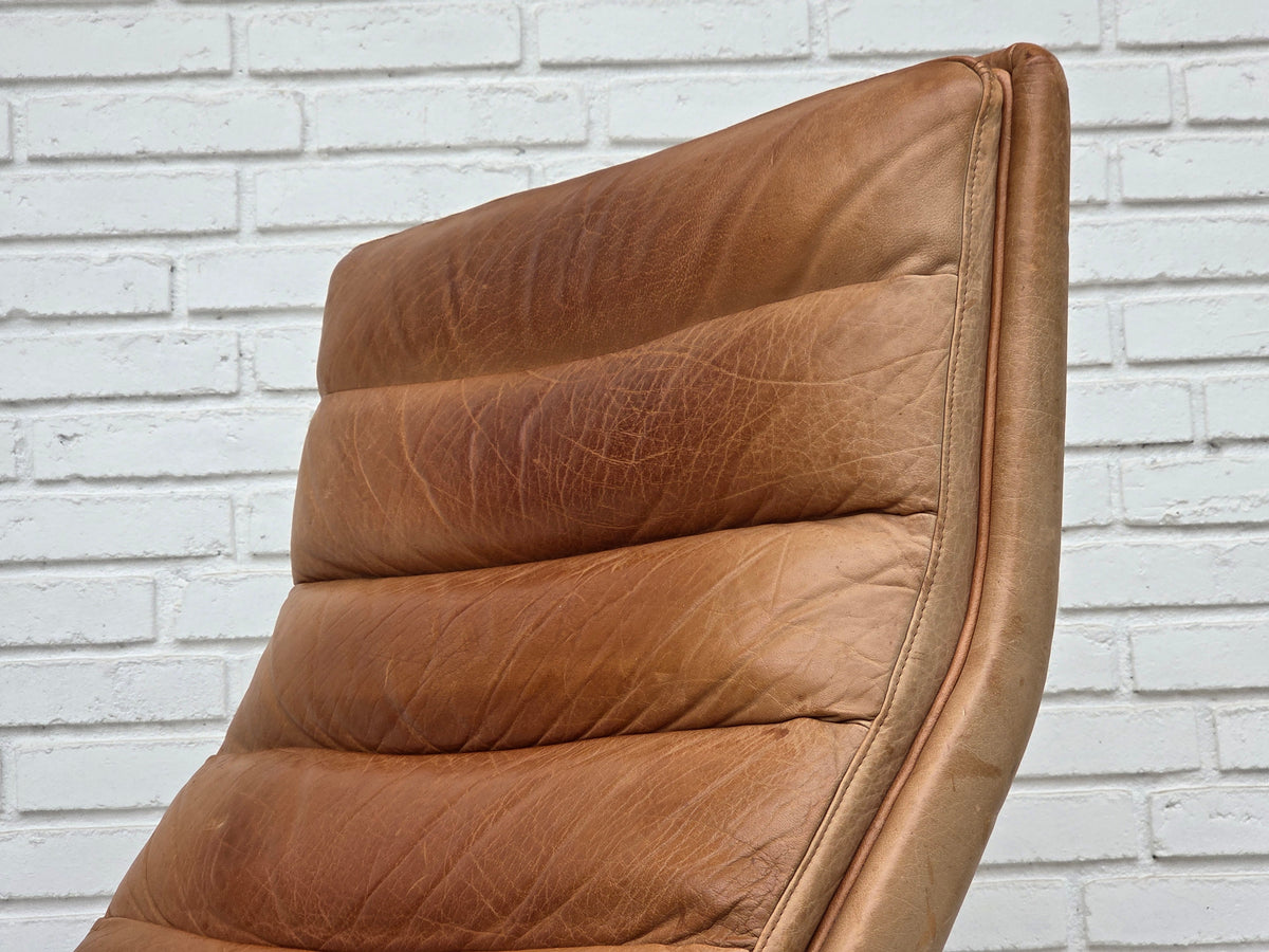 1970s, Scandinavian highback armchair, furniture leather, bent wood.