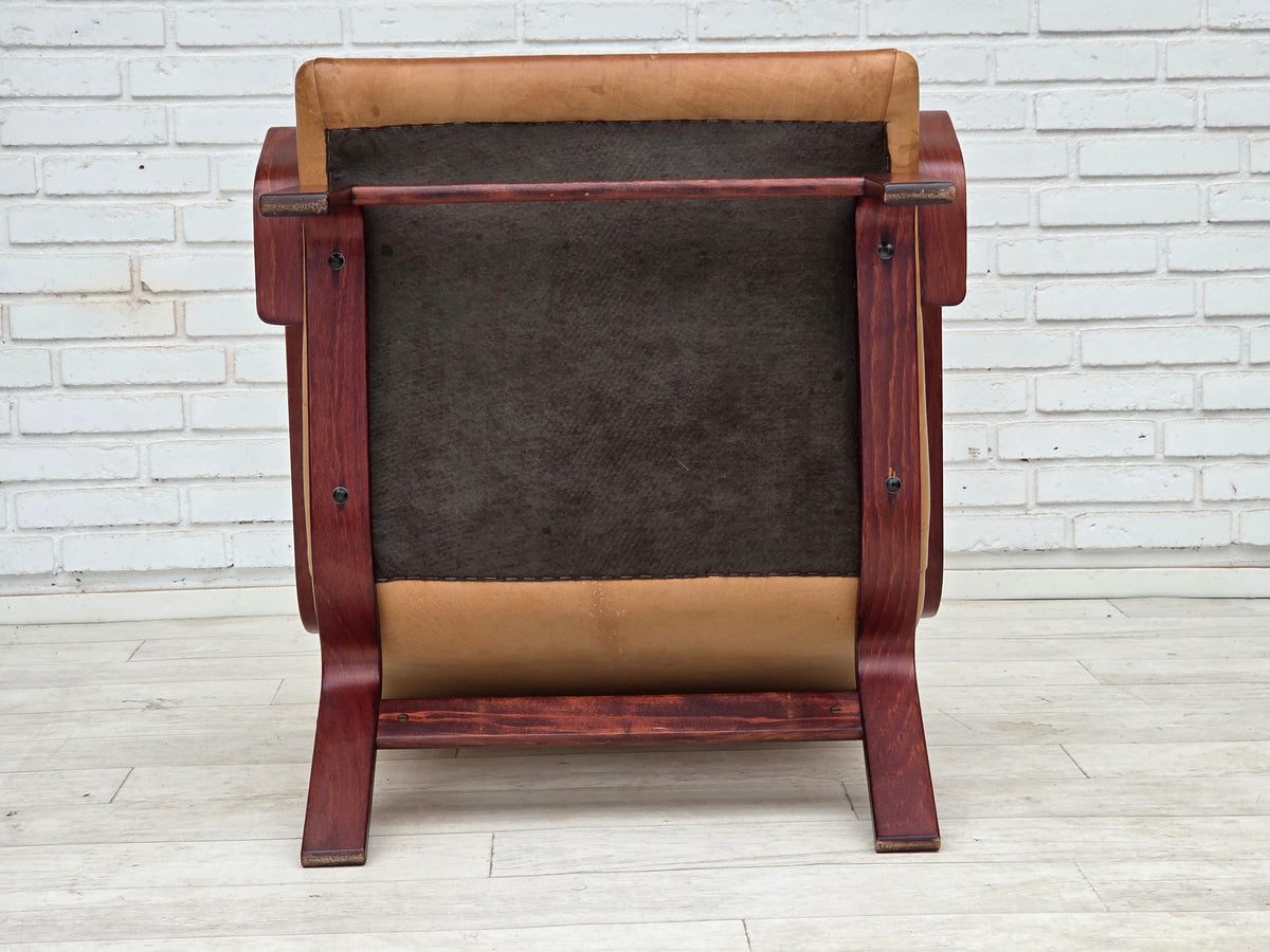1970s, Scandinavian highback armchair, furniture leather, bent wood.