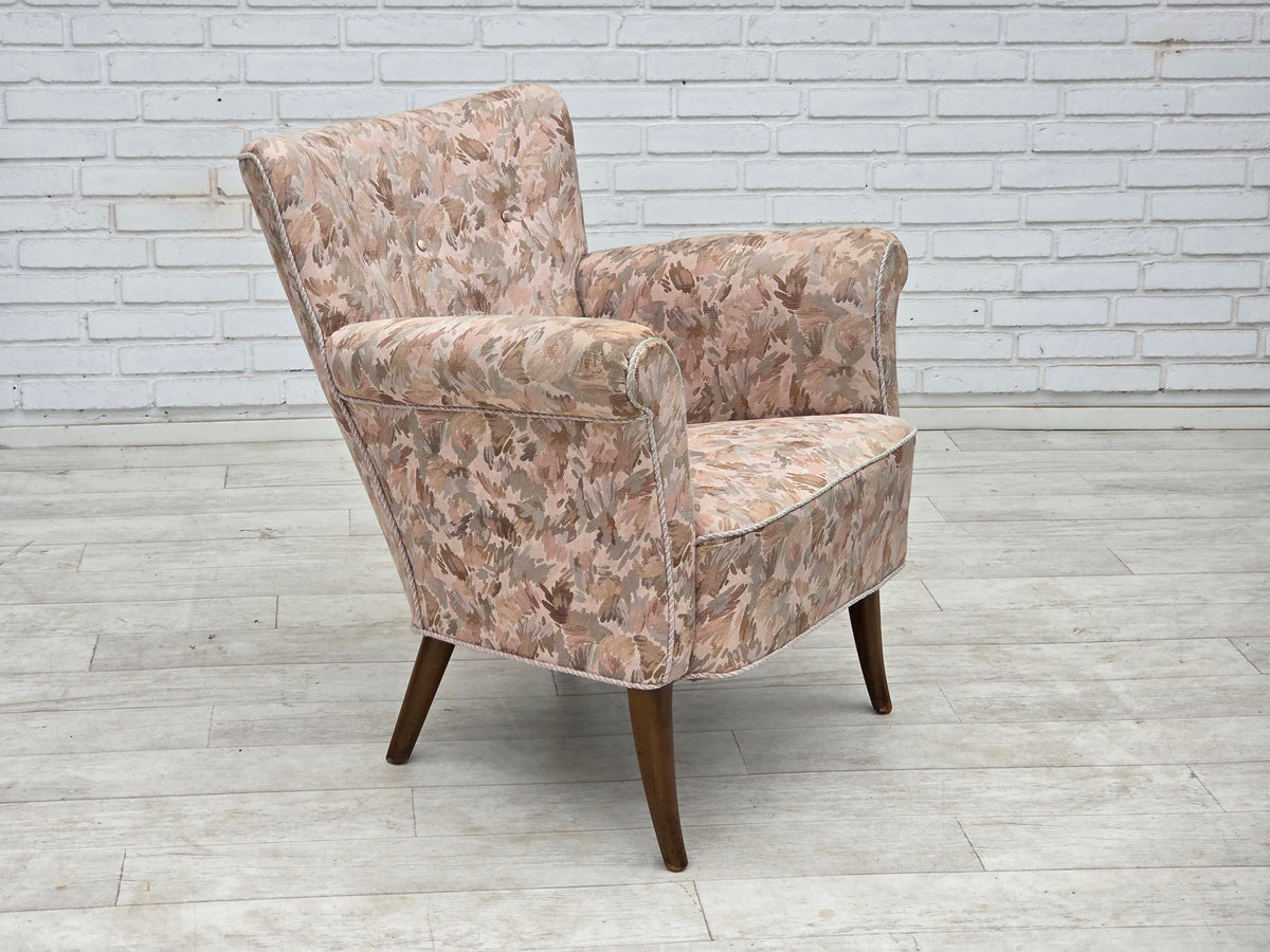 1960s, Danish armchair, furniture jacquard fabric, beech wood.