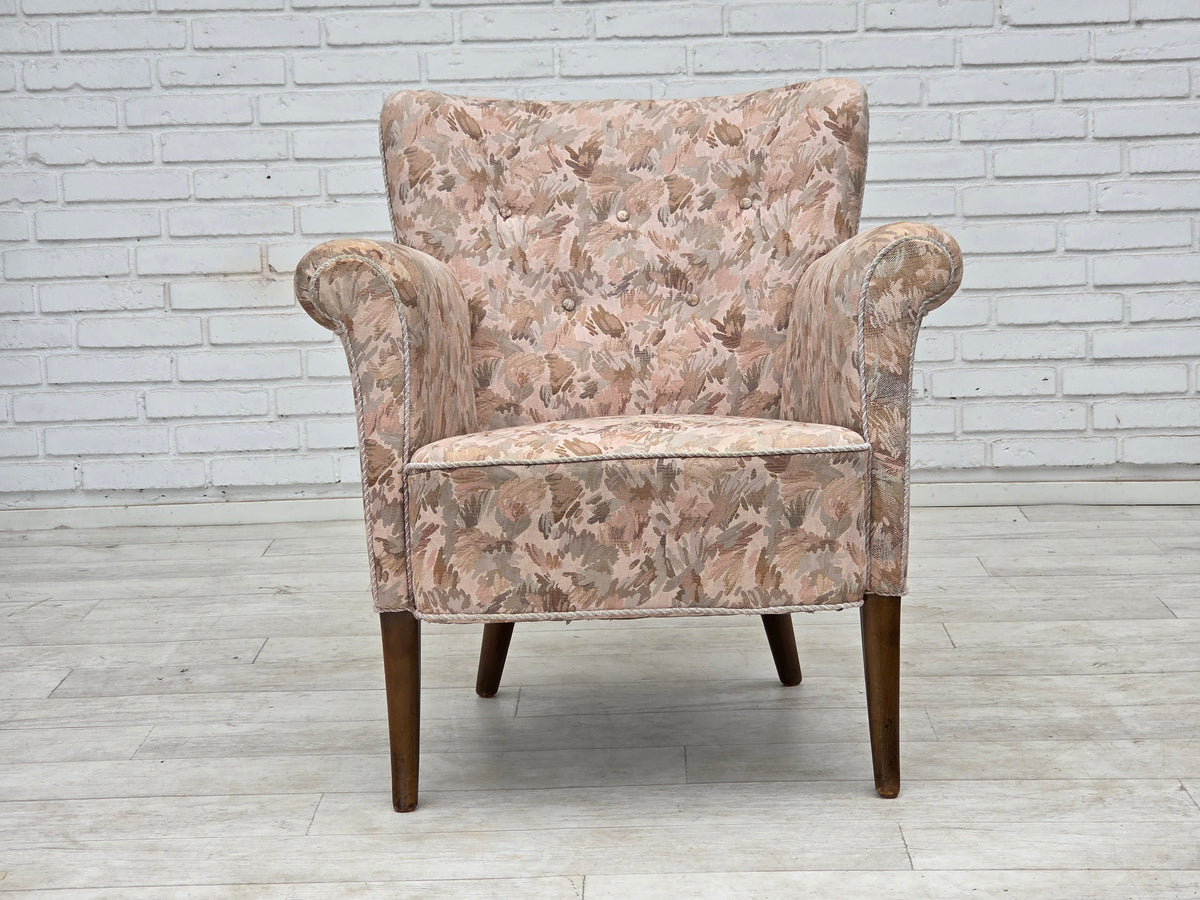 1960s, Danish armchair, furniture jacquard fabric, beech wood.