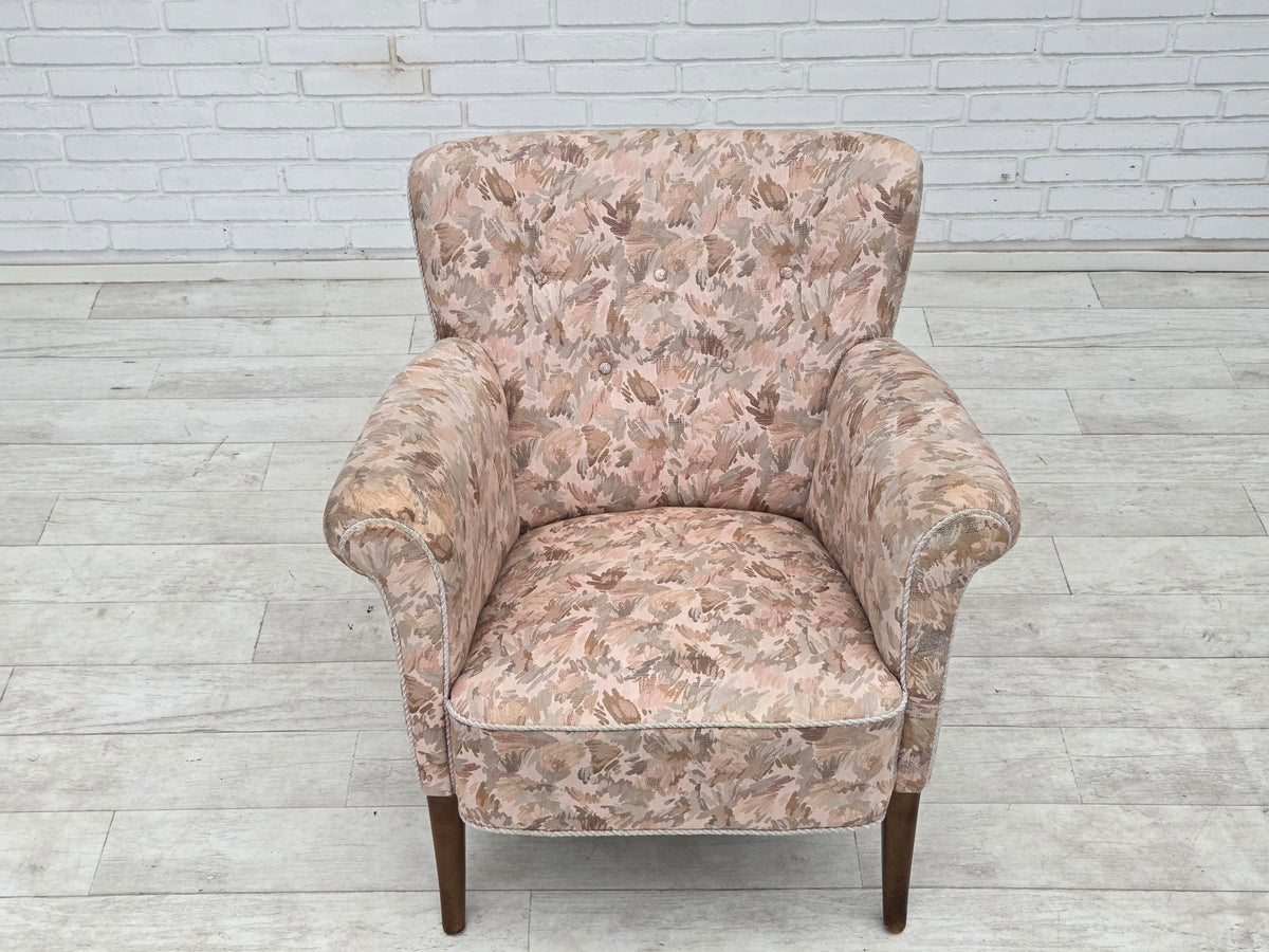 1960s, Danish armchair, furniture jacquard fabric, beech wood.