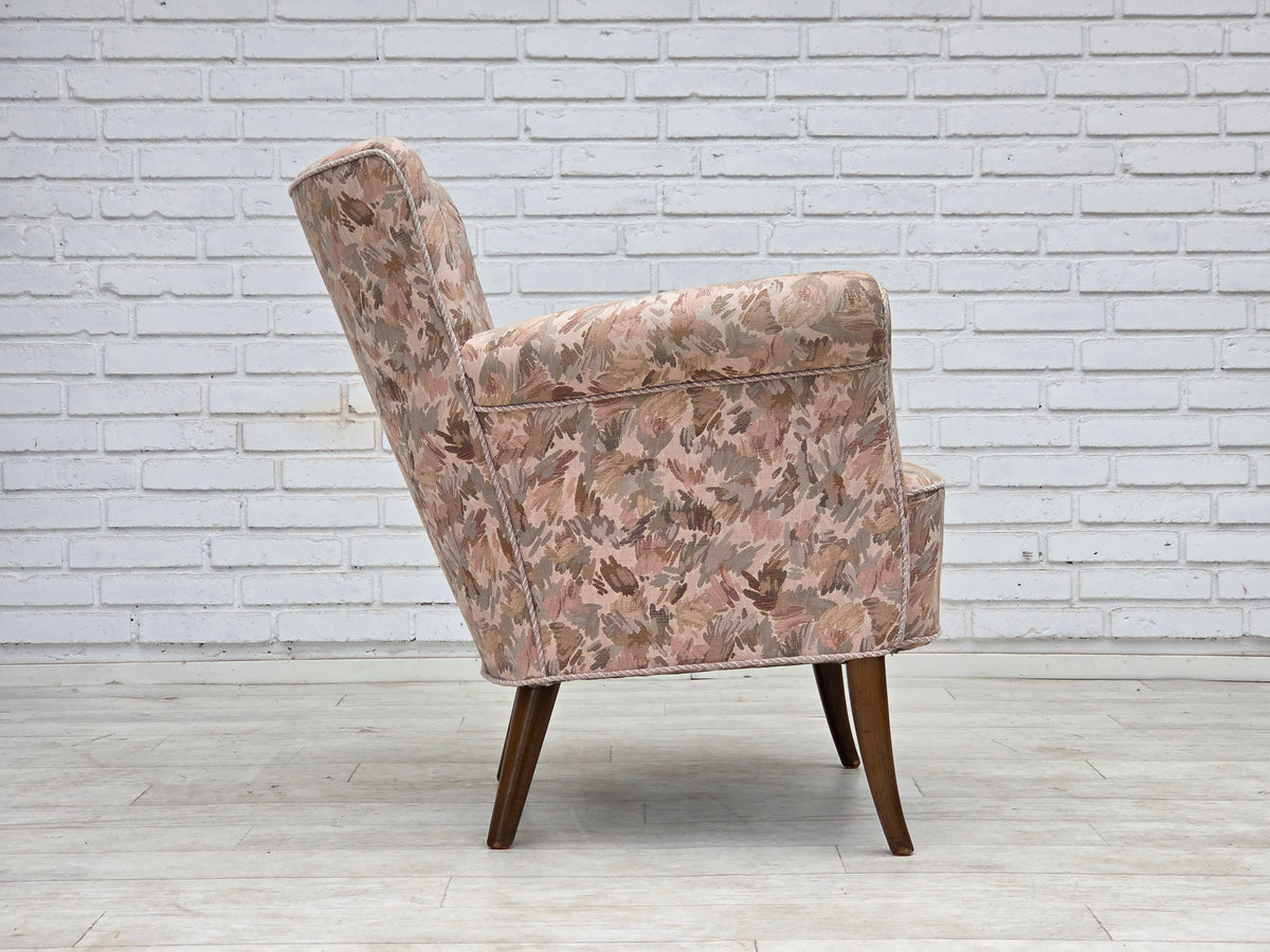 1960s, Danish armchair, furniture jacquard fabric, beech wood.