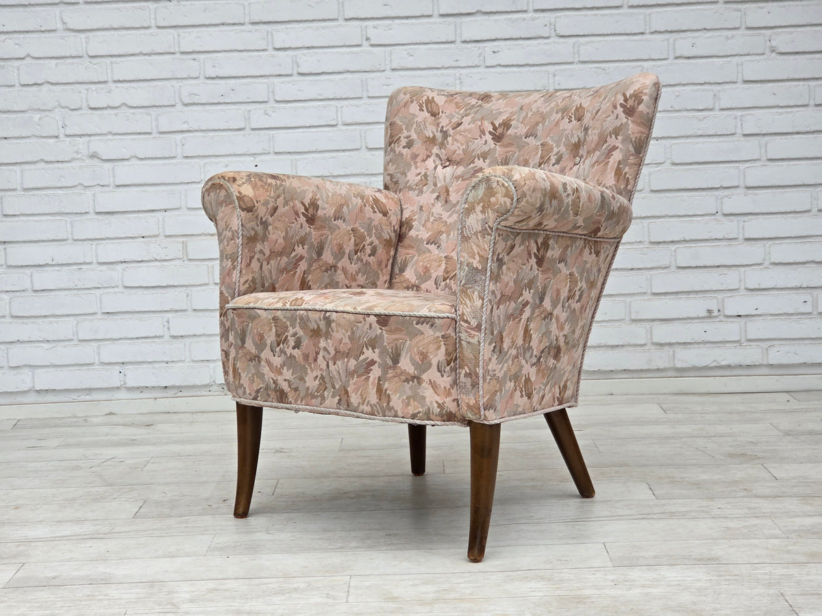 1960s, Danish armchair, furniture jacquard fabric, beech wood.