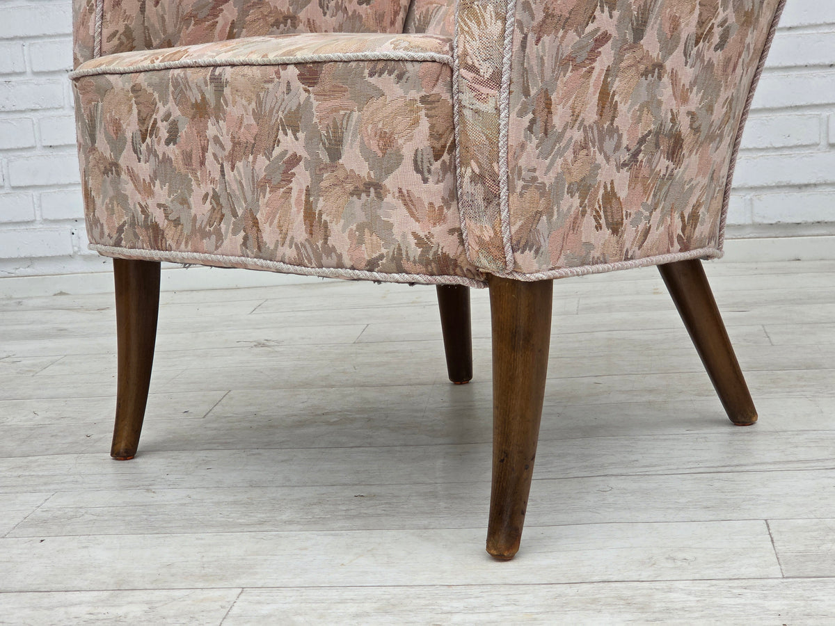 1960s, Danish armchair, furniture jacquard fabric, beech wood.