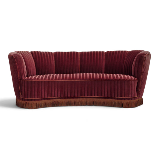 1960s, Danish 2-seater "Banan" sofa, furniture velour, oak wood.