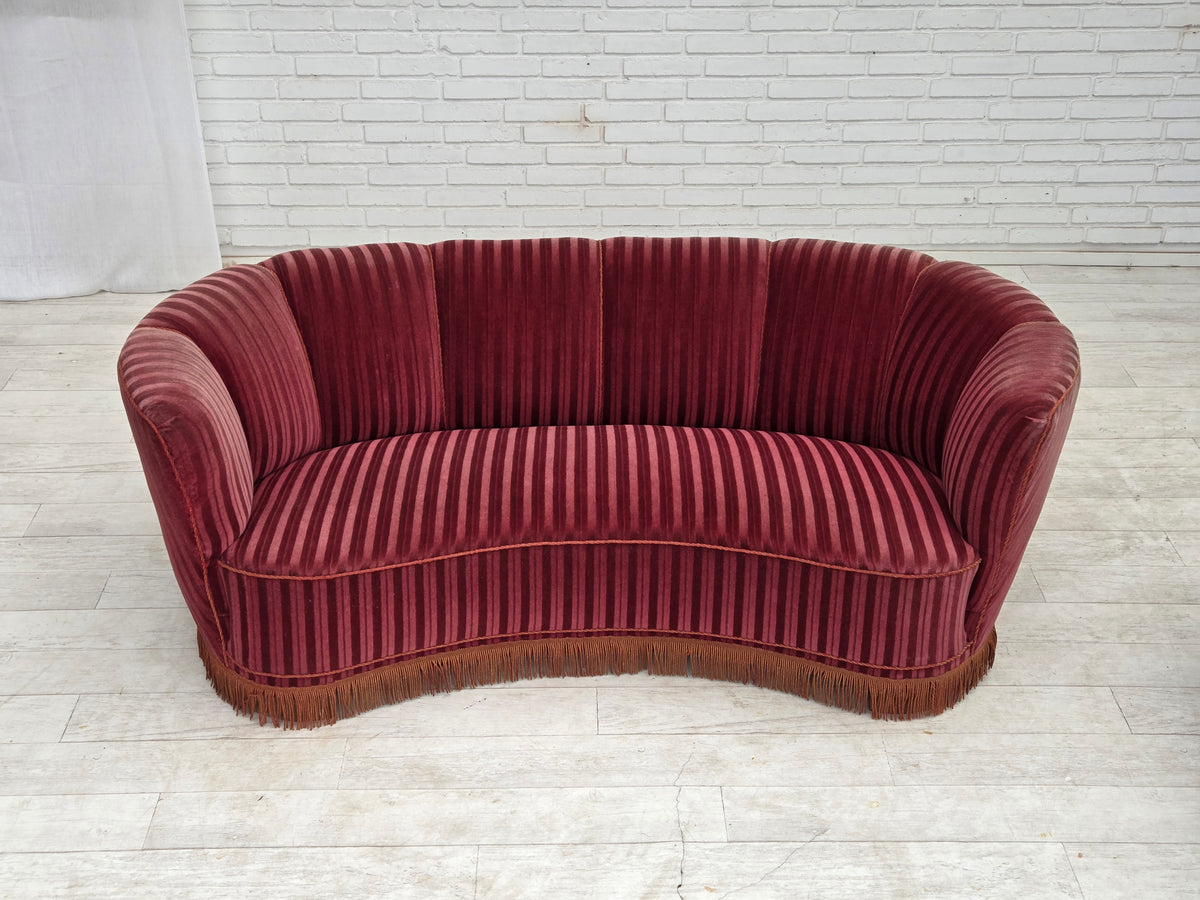 1960s, Danish 2-seater "Banan" sofa, furniture velour, oak wood.