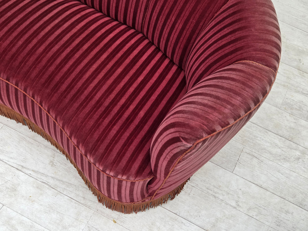 1960s, Danish 2-seater "Banan" sofa, furniture velour, oak wood.