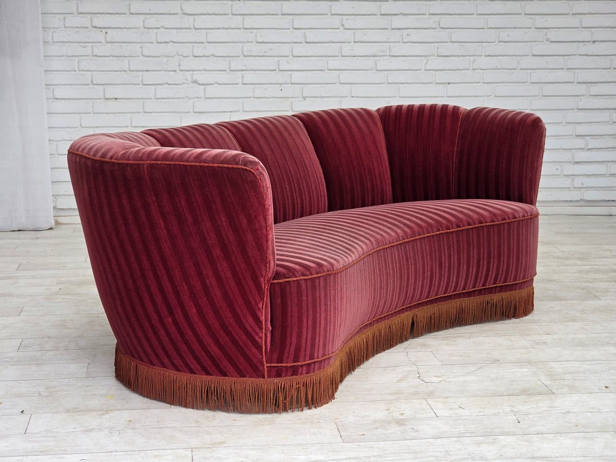 1960s, Danish 2-seater "Banan" sofa, furniture velour, oak wood.