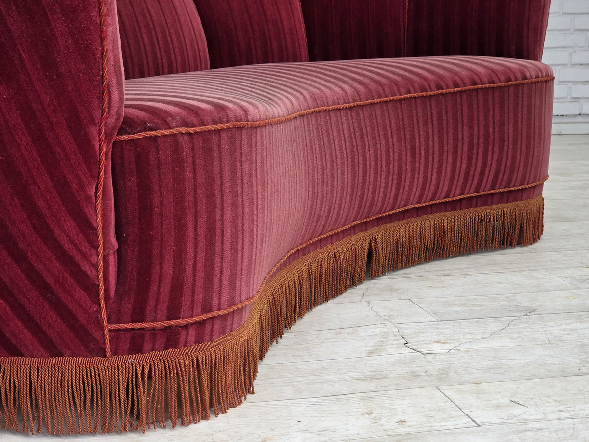 1960s, Danish 2-seater "Banan" sofa, furniture velour, oak wood.